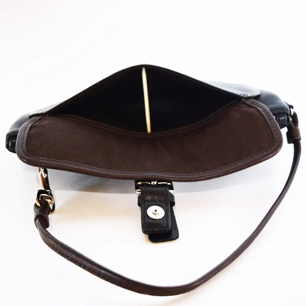 Coach Black Leather Wristlet With Brown Trim